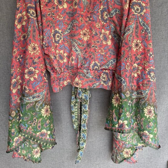 Karma Highway~Gypsy Fever Cropped Blouse Bell Sleeve Floral Paisley~One Size - Picture 2 of 7